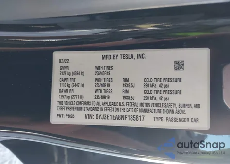 2022 Tesla Model 3 Rear-Wheel Drive из США, поврежденный, VIN 5YJ3E1EA8NF185817